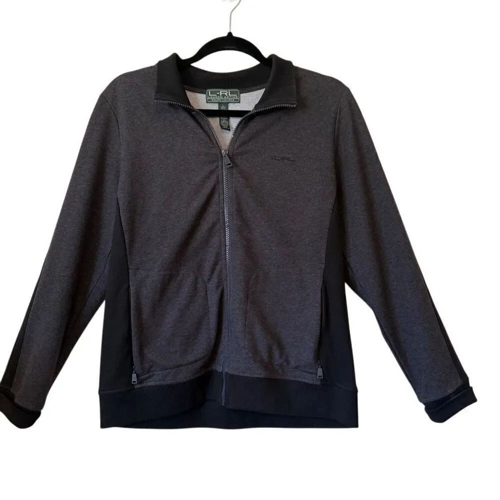 Lauren Ralph Lauren Active Cotton Blend Gray & Black Zip Front Sweatshirt Sz L